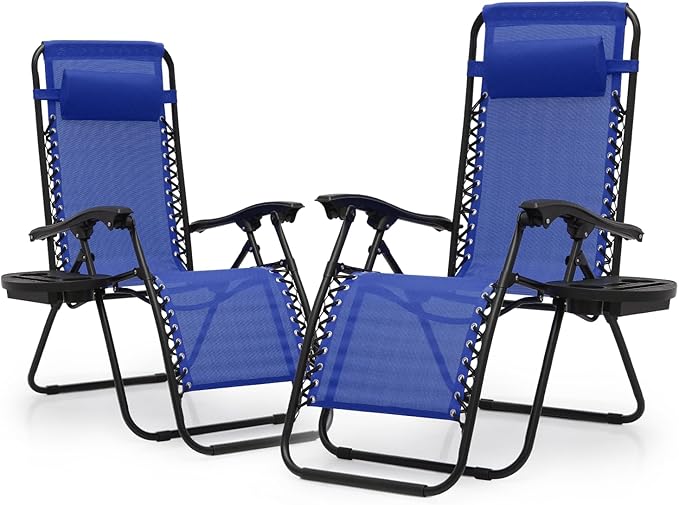 Athena Collection Zero Gravity Chair, Outdoor Lounge Chair with Adjustable Pillow and Cup Holder, Reclining Camping Chair for Outside Beach Lawn Garden Patio Poolside Set of 2 - Blue