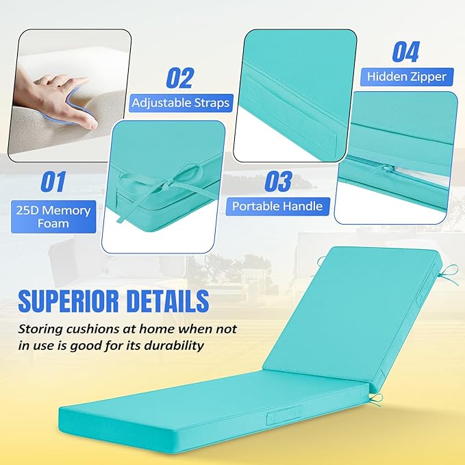 Basic Beyond Chaise Lounge Cushions Outdoor, 3-Layer Waterproof Outdoor Furniture Cushions with Removable Cover and 4 Ties, 72"x21"x3" Patio Lounge Chair Cushions for Outdoor Furniture, Teal