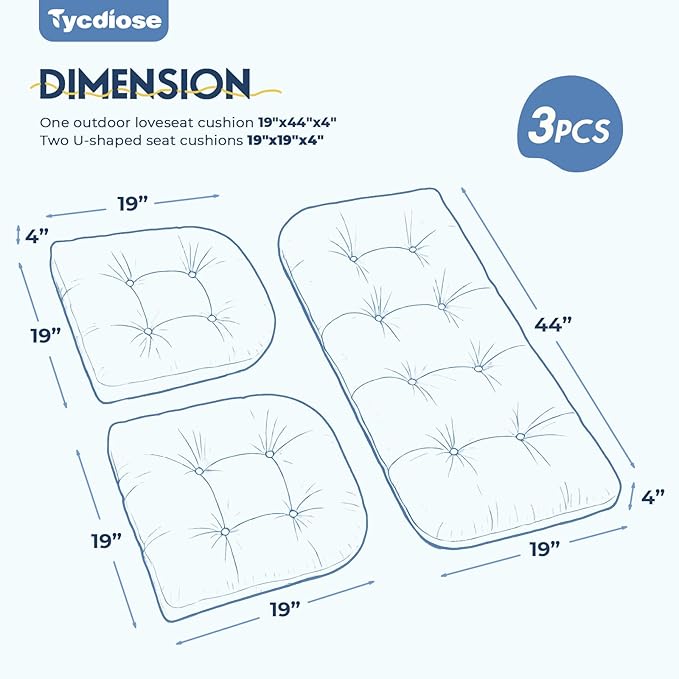All Weather Outdoor Wicker Chair Cushions of 3 Pieces, Waterproof Outdoor Wicker Chair Cushion for Patio Furniture Loveseat Settee Bench, 1 Loveseat and 2 U-Shaped Cushions, Royal Blue