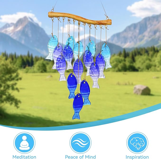 Sea Glass Wind Chime, Fish Shape Glass Windchime for Outside, Indoor Outdoor Decor for Patio Garden Yard, Nice Gifts for Mom & Women, Memorial Sympathy Gift for Home
