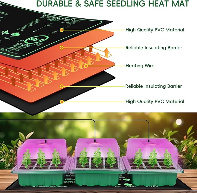 Verdenu 3PK Seed Starter Tray with Grow Lights and Tempe-Control Heat Mat, 36-Cell Large Seedling Starter Kit with Humidity Dome, Adjustable LED Lighting for Seed Germination,Temperature Adjustable