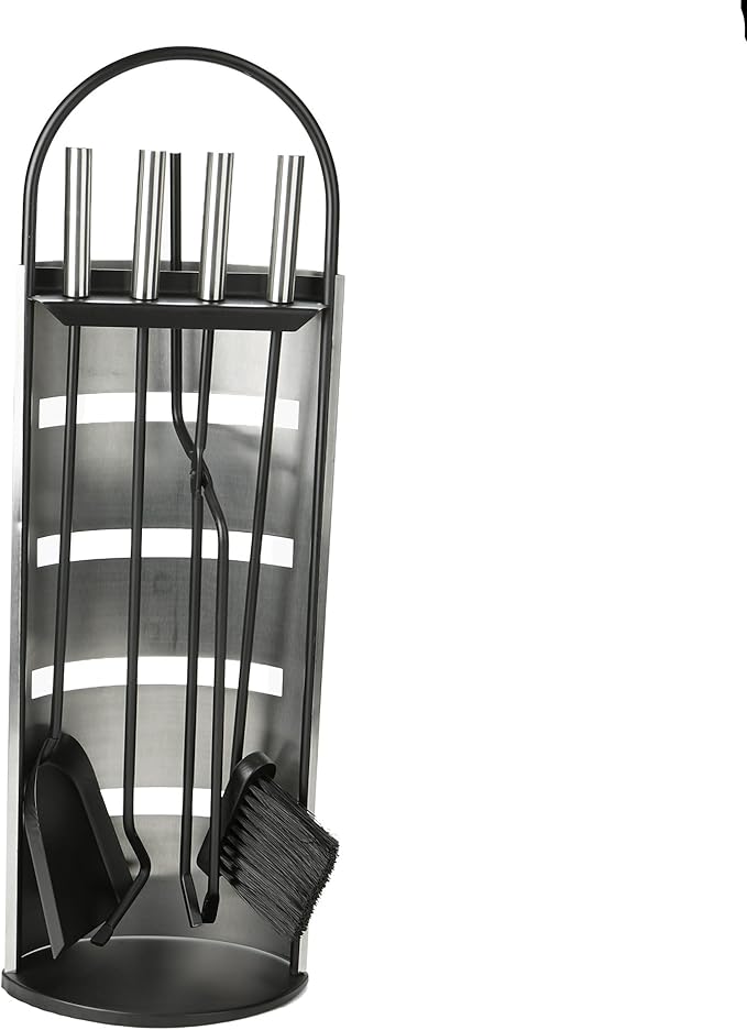 Mind Reader Fireplace Set with Stand, Brush, Shovel Scoop, Poker, Tongs, Durable Steel, 9"L x 6"W x 26.25"H, 4 Pcs, Silver