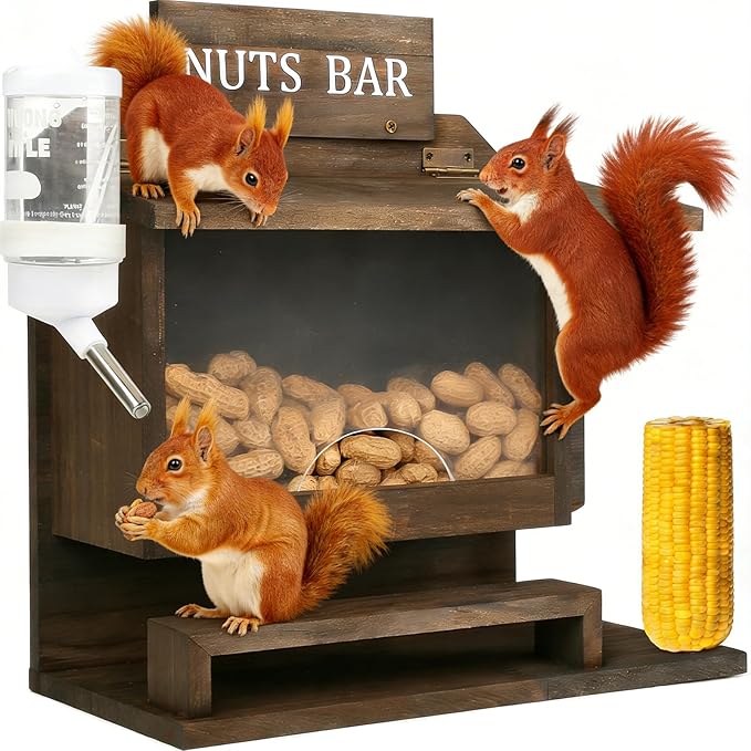 Squirrel Feeders for Outside, Nut Bar Squirrel Feeder, Squirrel Picnic Table Peanut Corn Cob Feeder, Durable Wooden Chipmunk House Box for Corn Peanuts, Funny Squrrill Nuts Bar