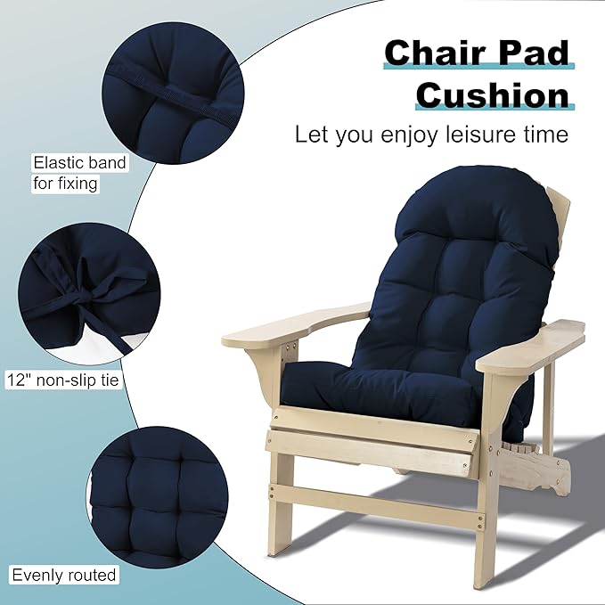 Large Adirondack Chair Cushion, Rocking Chair Cushion 50x20.8x4 inch, High Back Patio Cushions of Upper and Lower with Ties, Sunscreen and Fade-Resistant (Dark Blue, 1)