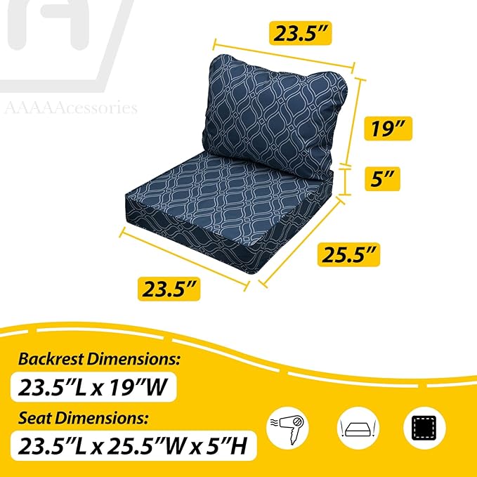 AAAAAcessories Outdoor Seat Cushions for Chairs, Fade-Resistant, Waterproof Patio Furniture Replacement Cushions, 23.5" x 25.5" x 5" + 23.5" x 19", Slate Blue Vine Trellis