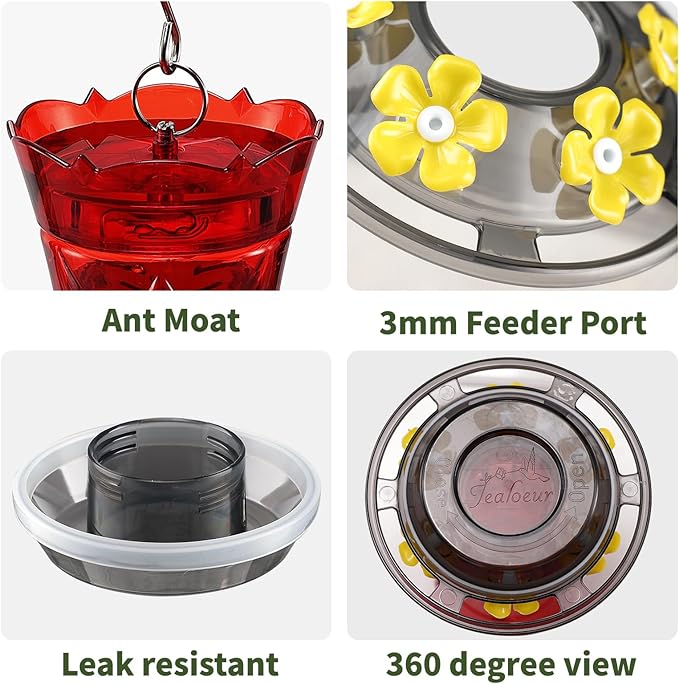 Hummingbird Feeder for Outdoors Hanging, 18 OZ Humming Birds Feeders with 6 Bee Guard Feeding Ports & Built-in Ant Moat, Easy to Clean, Durable Outdoor Garden Decor (Red 2 Pack)