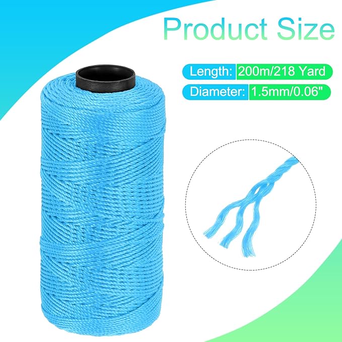 MECCANIXITY Nylon String 3 Strands Twisted Mason Line 1.5mm x 218 Yards Nylon Twine String for DIY Projects, Home Improvement, Gardening, Gift Wrapping, Christmas Party Supplies, Blue
