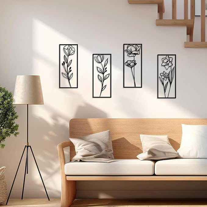 DUOOLN Metal Flowers Wall Art Decor, 4pcs Minimalism Flower Hanging Iron Decoration, Modern Plant Potted Art Sculpture Sign, Home Bedroom Bathroom Outdoor Indoor Kitchen Feature Wall-15.7x6.69in