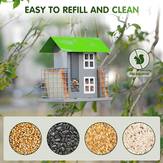 Metal Bird Feeders for Outdoors Wild Bird Feed with 2 Suet Cage Cake Squirrel Proof Hanging Feeder Large Capacity Wild Bird Feeder Easy Clean&Anti-Rust Attracting Birdhouse Green
