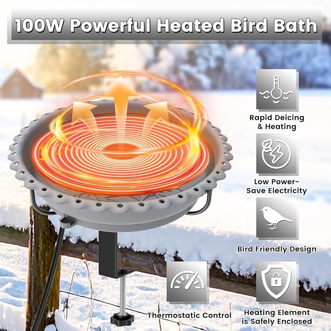 Heated Bird Baths for Outdoors, Upgraded 100W Thermostatically Controlled Heated Bird Bath for Deck Railing Large Capacity Heated Birdbath for Outside Winter Garden Yard Patio Lawn (Grey)