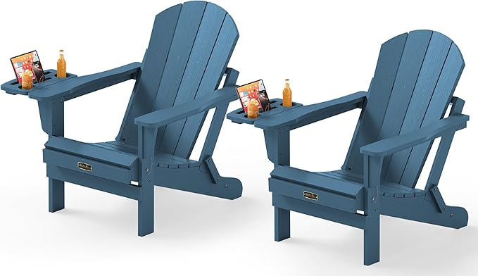 SERWALL Foldable Adirondack Chair Set of 2, Adirondack Chairs with 4 in 1 Cup Holder, Weather Resistant Plastic Chair for Patio Garden Outdoors Fire Pit-Blue