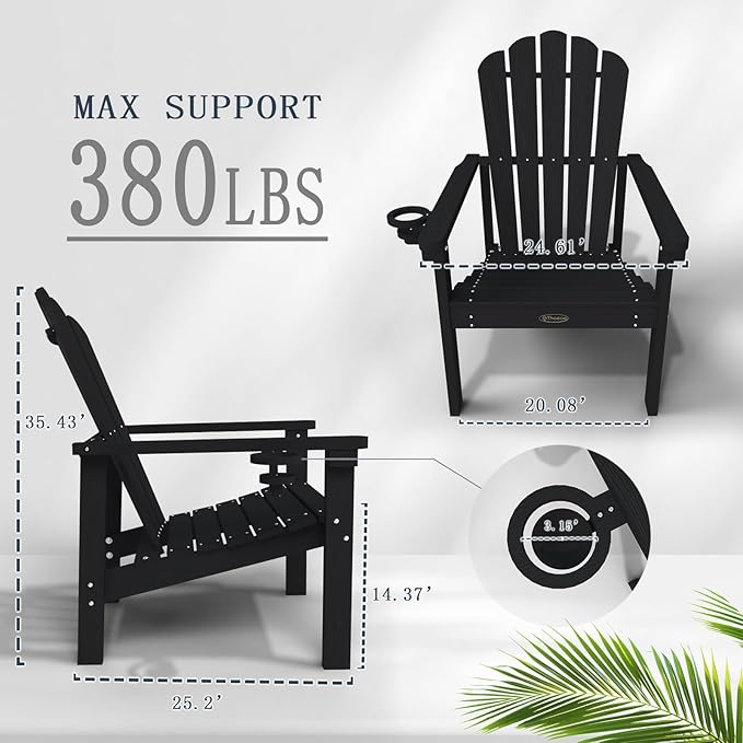 Stackable Adirondack Chair Set of 2, HDPE All-Weather Adirondack Chairs - Durable and Space Saving, Plastic Outdoor Fire Pit Chairs with Cup Holder,Black