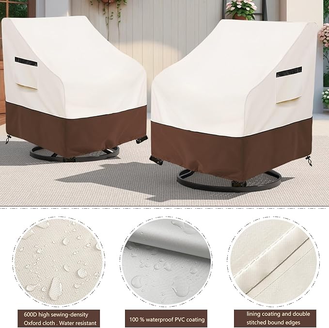 Outdoor Swivel Lounge Chair Cover 2 Pack,Waterproof 100% Outdoor Patio Chair Covers,33W x 37 D x 38.5 H inches,Outside Furniture Lounge Deep Seat Cover -Beige