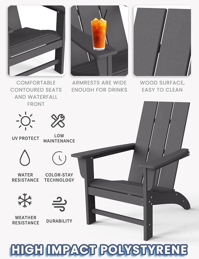 Modern Adirondack Chairs Set of 2, HDPE Plastic Patio Chairs for All Weather, Fire Pit Chair, Outdoor Lawn Chairs for Deck, Porch, Backyard, Garden, Slate Gray