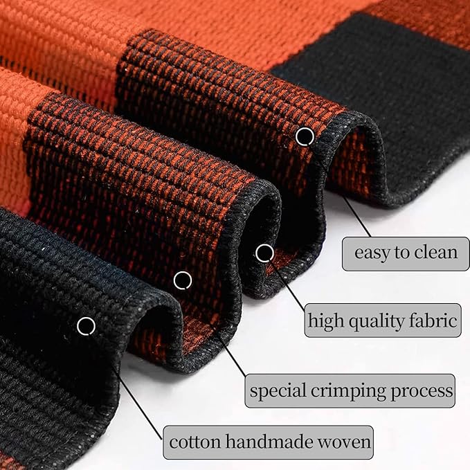 SEEKSEE Cotton Buffalo Plaid Rug 3'x5' Orange and Black Checked Rug Washable Doormats Indoor Outdoor Rugs for Layered Front Door Mats, Porch, Kitchen, Farmhouse, Entryway