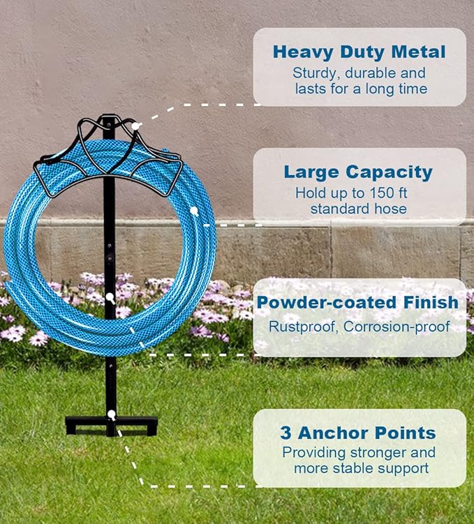 Outdoor Garden Freestanding Hose Holder Stand, Heavy Duty Metal Water Pipe Storage Rack Stake for Backyard, Black
