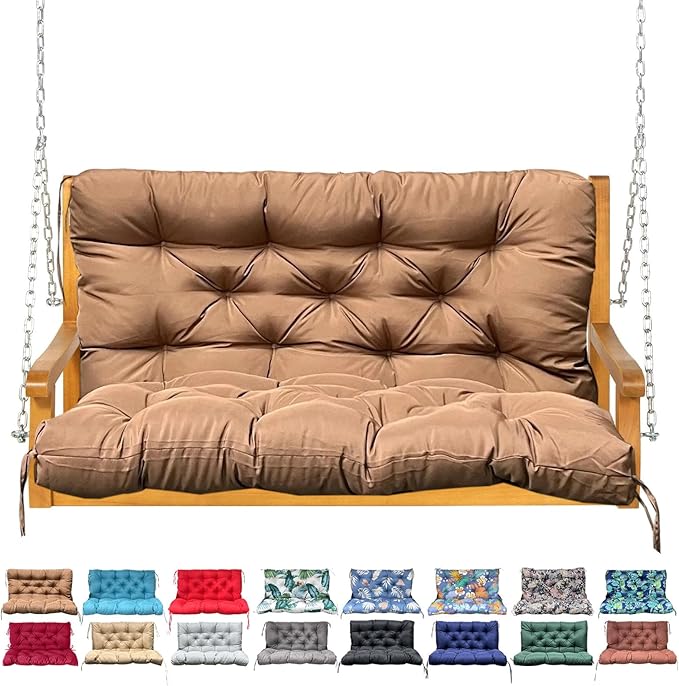Porch Swing Cushion with Backrest,Waterproof Bench Cushion for Outdoor Furniture,2-3 Seater Replacement Thickened swing cushion with Ties,Patio,Outdoor,Backyard and Garden (Light Coffee,47x40")