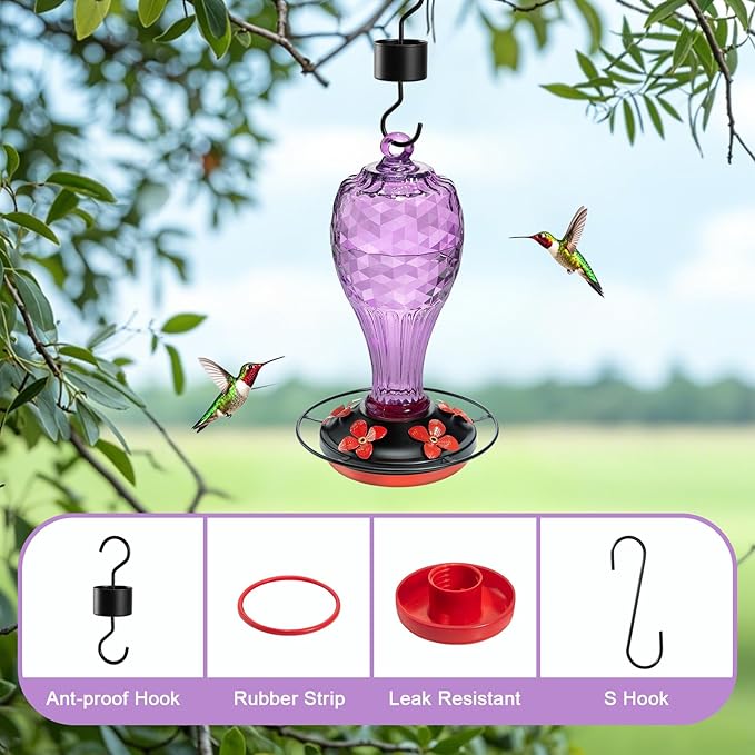 20 OZ Glass Hummingbird Feeders for Outdoors Hanging - Hand-Blown Vibrant Purple Reflective Fish-Scale Design - Attracts More Hummingbirds - Leak-Proof Silicone Seal & Ant Moat, Gift for Mom