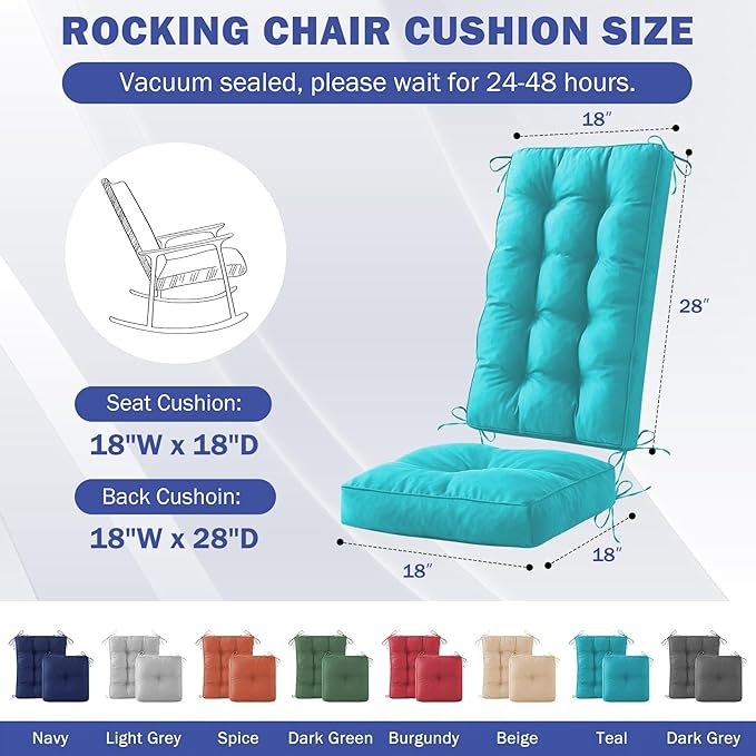 Rocking Chair Cushion, Waterproof and Fade-Resistant Patio Chair Cushions, Tufted Chair Pads for Rocker Furniture, 18x18 Inch, Indoor/Outdoor Seat Cushions with Ties, Teal Blue