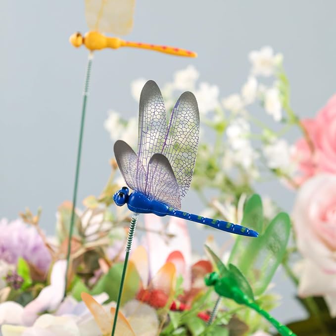 VGOODALL 24PCS Dragonfly Garden Stakes, Plastic Garden Decorations 4 Colors Dragonfly Ornaments for Indoor Outdoor Yard