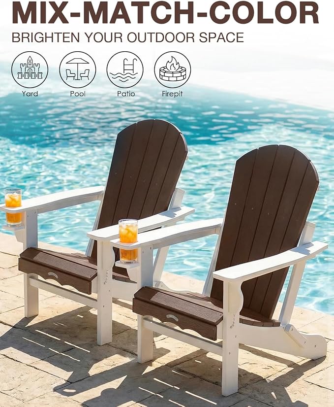 Folding Adirondack Chair –Recyclable HDPE Outdoor Adirondack Patio Chair with Cup Holder, Wood Texture & Umbrella Hole, 25-Year Fade-Free All Weather for Fire Pit, Porch, Poolside, Deck, Brown & White