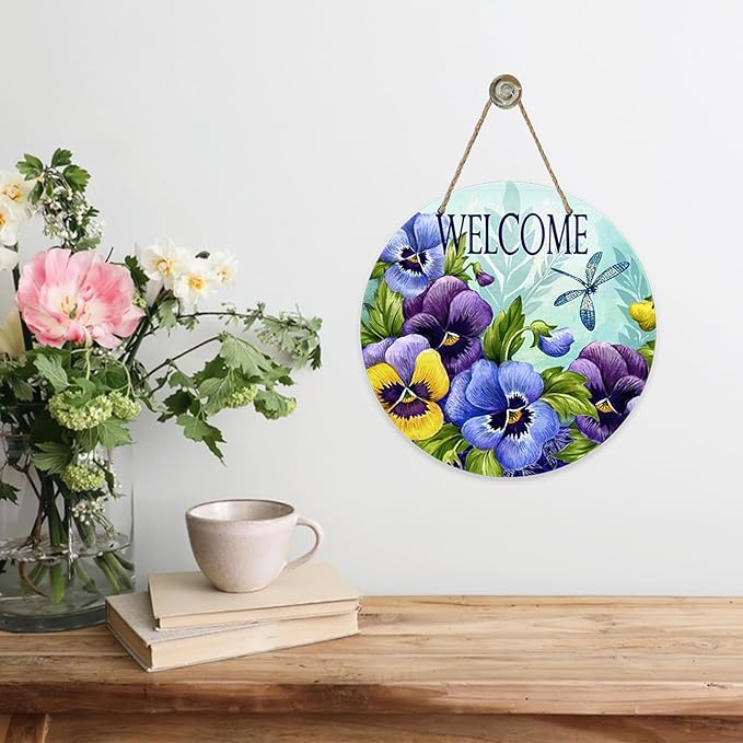 Deroro Welcome Spring Summer Floral Flower Sign for Front Door Decor, Pansy Dragonfly Wood Door Hanger for Outdoor Outside Porch, Seasonal Vintage Wooden Wreath Indoor Wall Hanging Decoration