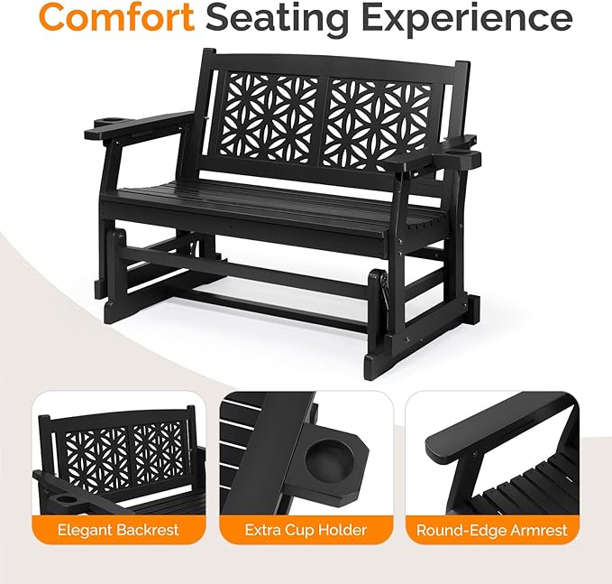 VINGLI Fir Wood Outdoor Glider with Floral Backrest, Wooden Patio Gliding Bench with Cup Holders, Smooth Rocking Chair for Garden, Yard & Porch (Black, 4FT)