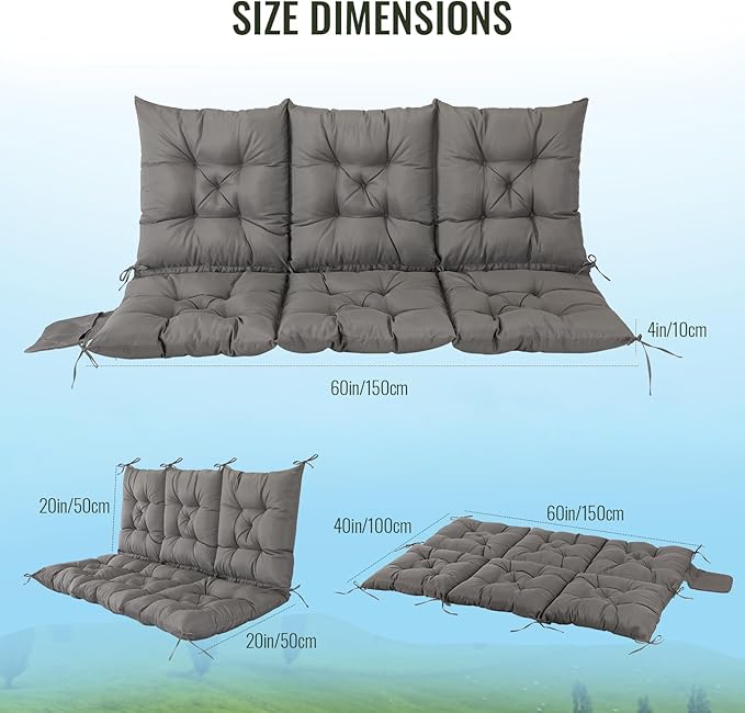 NACATIN 3 Seat Cushion for Outdoor Swing - 60x40 inches, 4" Thick Porch Swing Cushions with Ties and Storage Bag, Waterproof Bench Cushions for Patio, Outdoor, Backyard and Garden (Dark Gray)