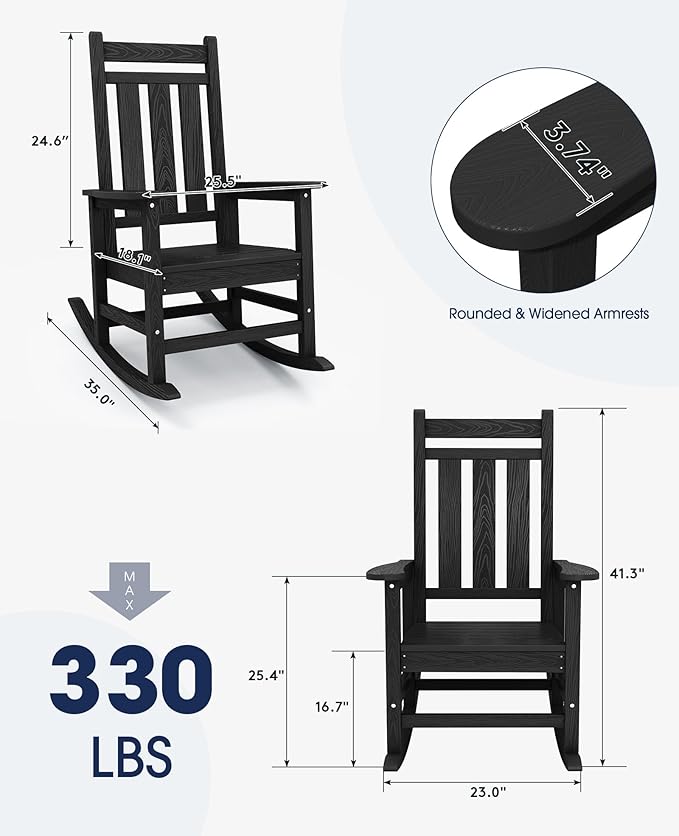 KINGYES Outdoor Rocking Chair Set of 2, All-Weather Patio Rocking Chairs for Porch, HDPE Rocking Outdoor Chairs with High Back for Adult, Heavy Duty Outdoor Patio Rockers for Garden, Lawn, Black
