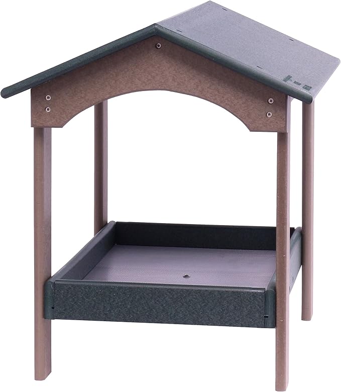 AmishToyBox.com Ground Bird Feeder, Deluxe Fly-Through Covered Feeder for Birds and Squirrels with Screen Mesh Tray (Turf Green/Weathered Wood)
