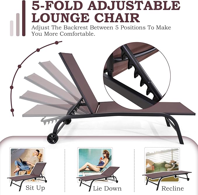 EROMMY Patio Chaise Lounge Chair Set of 2 with Table, Adjustable Backrest & Wheels, Oversized 26" W Outdoor Poolside Recliners for Garden, Deck, Lawn, Backyard
