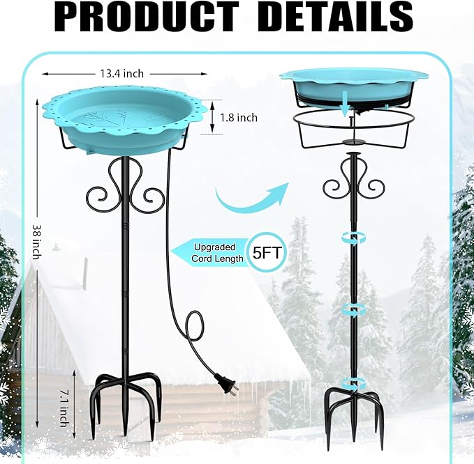 Heated Bird Baths for Outdoors, 100W Heated Birdbath Bowl for Outdoors for Winter with 5-Prong Metal Base Thermostat Control, Heated Bird Bath for Outside Winter Garden Patio Yard Lawn (Blue)