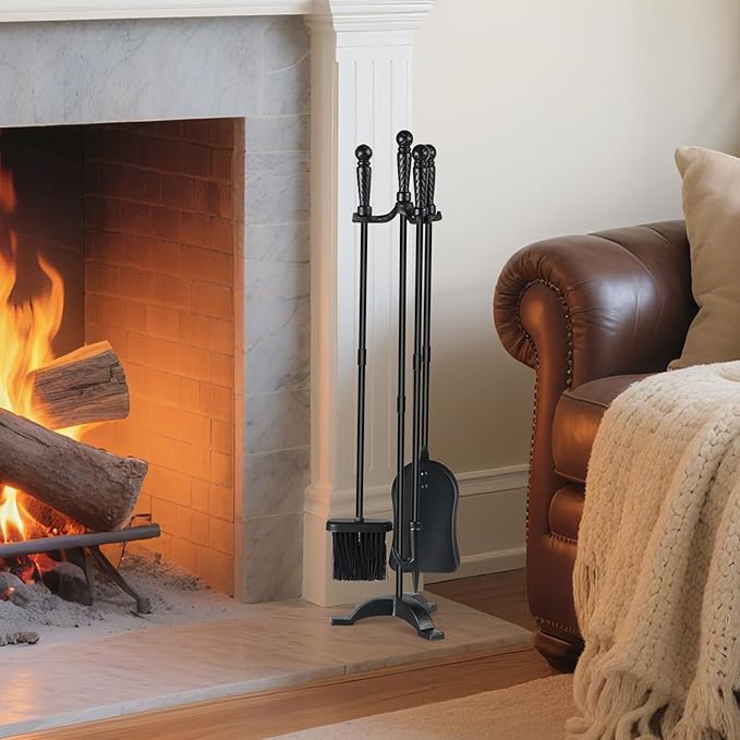 Fireplace Tool Sets with Stand Cast Iron Fire Tools Fireplace Accessories Wood Burning with Poker Shovel Brush Wood Stove Tools Black