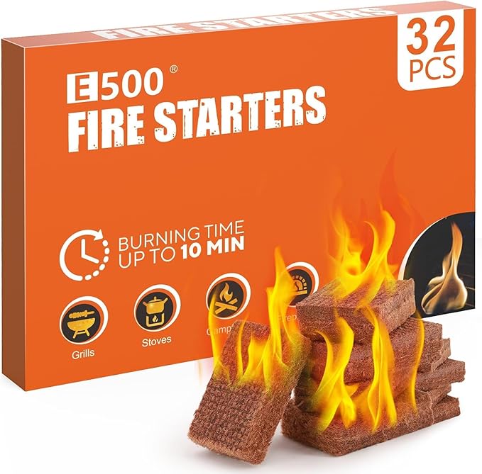 E500 Fire Starter - Natural Fire Starters for Fireplace, Campfires, Chimney, BBQ, Fire Pit & Wood Fireplace - 32 Cubes Natural Pine Firestarter