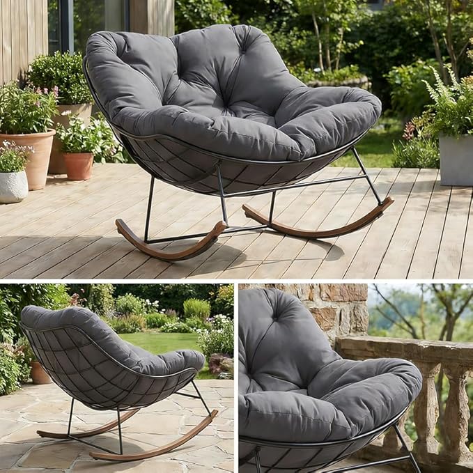 Outdoor Rocking Chair, 400 lbs Sturdy Frame with Thick Cushion,Patio Papasan Chair for Bedroom, Living Room, Porch, Garden(Grey)