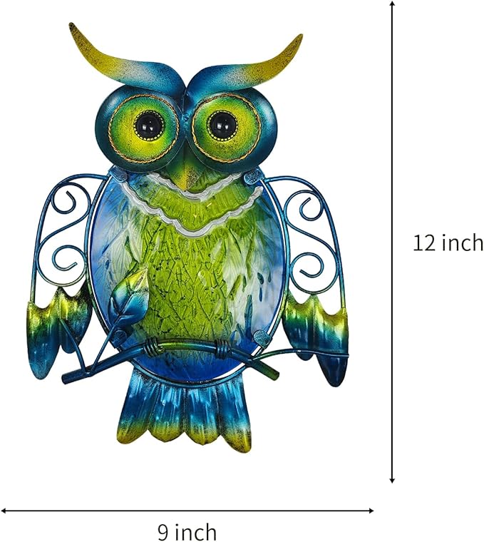LIFFY Cute Metal Owl Wall Decor - Unique Outdoor Wall Art Decoration - Glass Hanging Wall Owl Decor Brighten Up Patio, Porch or Door, Garden Decoration, Birthday Gift Ideas