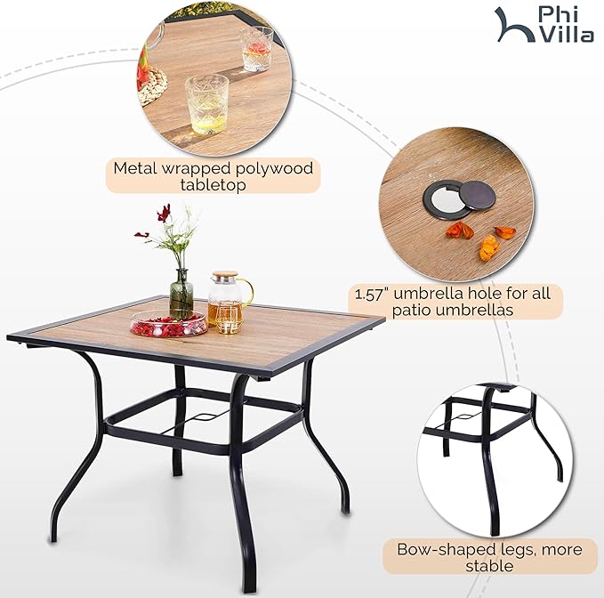 PHI VILLA 5 Piece Outdoor Dining Set with Umbrella for 4, 37" Square Metal Wood-top Dining Table & Wicker Rattan Chairs with Cushions & 10ft Blue Umbrella for Patio, Deck, Backyard, Porch