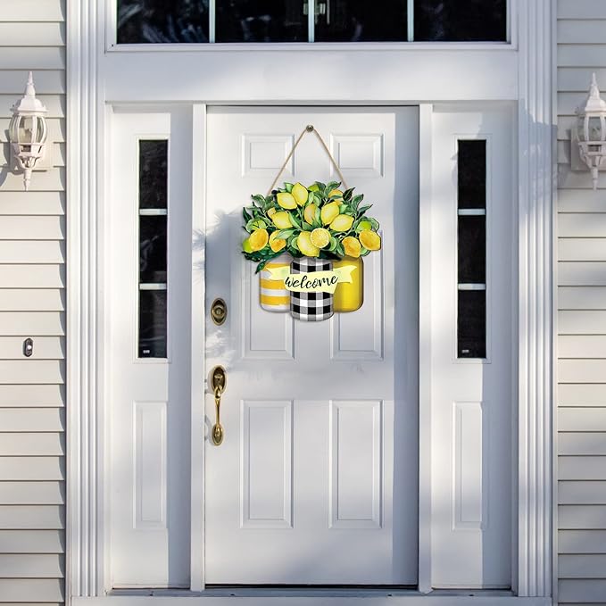 Karenhi Lemon Welcome Wooden Sign for Front Door Lemon Wooden Hanger Summer Door Sign Wood Spring Hanging Decorations Farmhouse Porch Decor for Outdoor Housewarming Gift