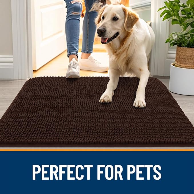 OLANLY Dog Door Mat for Muddy Paws 50x30, Absorbs Moisture and Dirt, Absorbent Non-Slip Washable Doormat, Quick Dry Chenille Mud Mat for Dogs, Entry Indoor Entryway Carpet for Inside Floor, Brown
