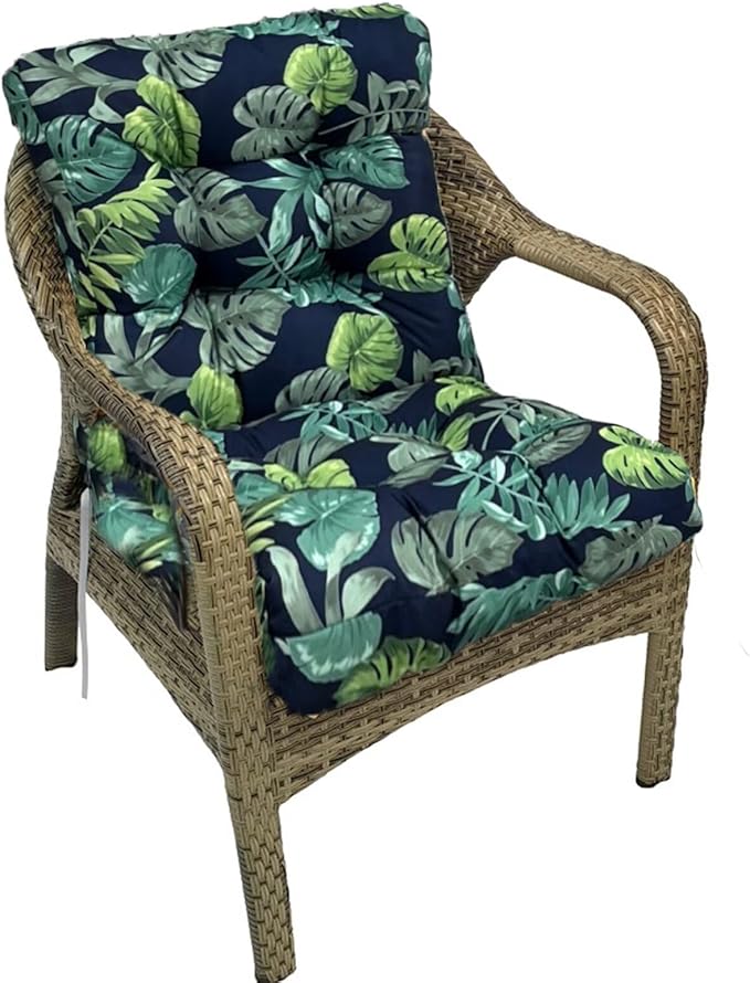 Floral Outdoor Chair Cushions Waterproof Tufted High Back Wricker Chair Cushion with Ties for Indoor Patio Furniture 41.7"*20.8"*3.5" Navy Floral