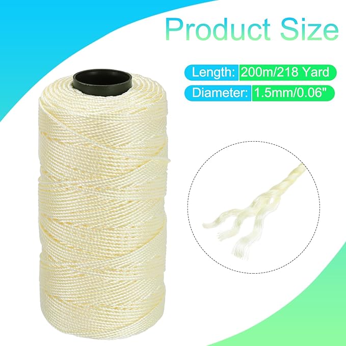 MECCANIXITY Nylon String 3 Strands Twisted Mason Line 1.5mm x 218 Yards Nylon Twine String for DIY Projects, Home Improvement, Gardening, Gift Wrapping, Christmas Party Supplies, Creamy Yellow