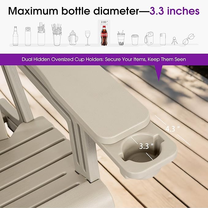 PURPLE LEAF Adirondack Chair Set of 2 HDPE All-Weather Outdoor Fire Pit Chair with 24.6" Oversized Seat Wood-Textured Patio Adirondack Chair with Dual Cup Holders for Garden Deck Backyard, Champagne