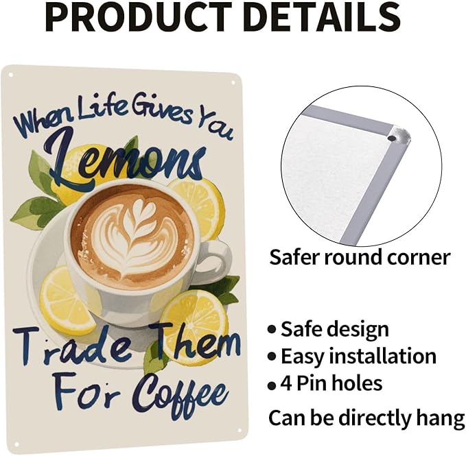 Kitchen Lemon Coffee When Life Gives You Lemons Vintage Metal Tin Sign Retro Rustproof Funny Art Wall Decor Gift for Home Cafe Bar 8x12 Inch