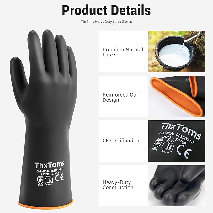 ThxToms Heavy Duty Latex Gloves,Long Rubber Gloves, Chemical Resistant Gloves,Puncture Resistant, Resist Acid,Oil,Alkali, Waterproof for Industrial Cleaning, Medical, Gardening,22", 1 Pair