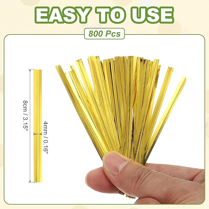PATIKIL Bag Twist Ties 3 Inch, 800 Pcs Metallic Bread Ties for Treat Plastic Bags Gift Wrapping Candy Coffee Bag Plant Party Cake Favor, Gold