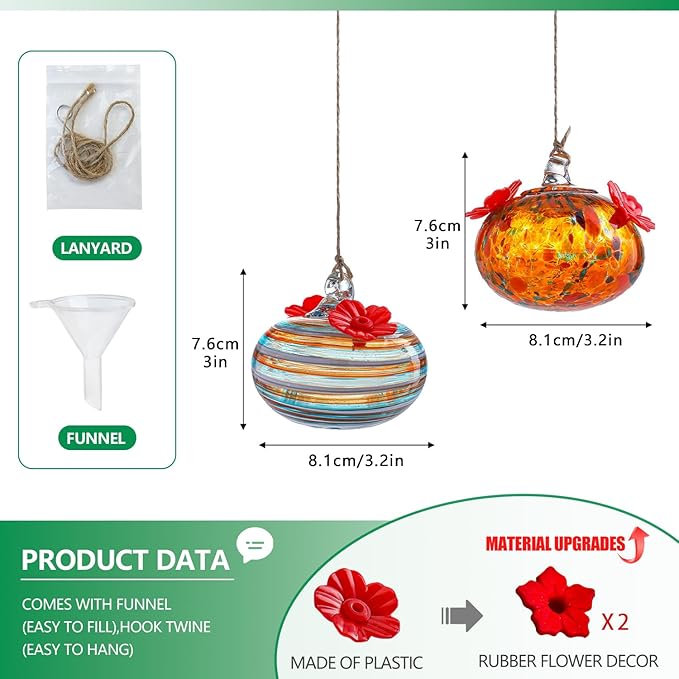 2pcs Small Blown Glass Hummingbird Feeders for Outdoors 3.2in Hanging Glass Humming Bird Feeders for Window Patio Decor with 2 Flower Feeding Ports