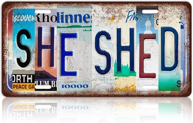 Vintage She Shed Metal Tin Sign License Plate Wall Decor 12 x 6 Inches