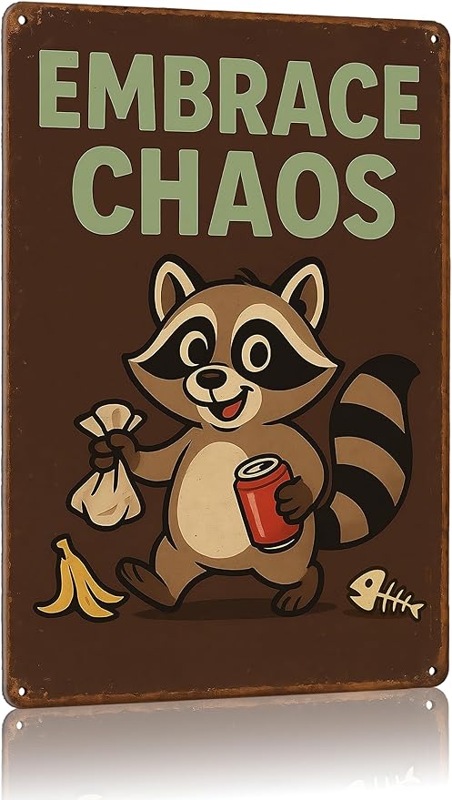 MAMAGIFTREE Raccoon “Embrace Chaos” Office Decor Metal Sign,Funny Christmas Gifts 8x12 Inches Funny Sign, Retro Wall Decor for Office Dorm Game Room, Gifts for for Boss, Manager, Coworker, Man Cave