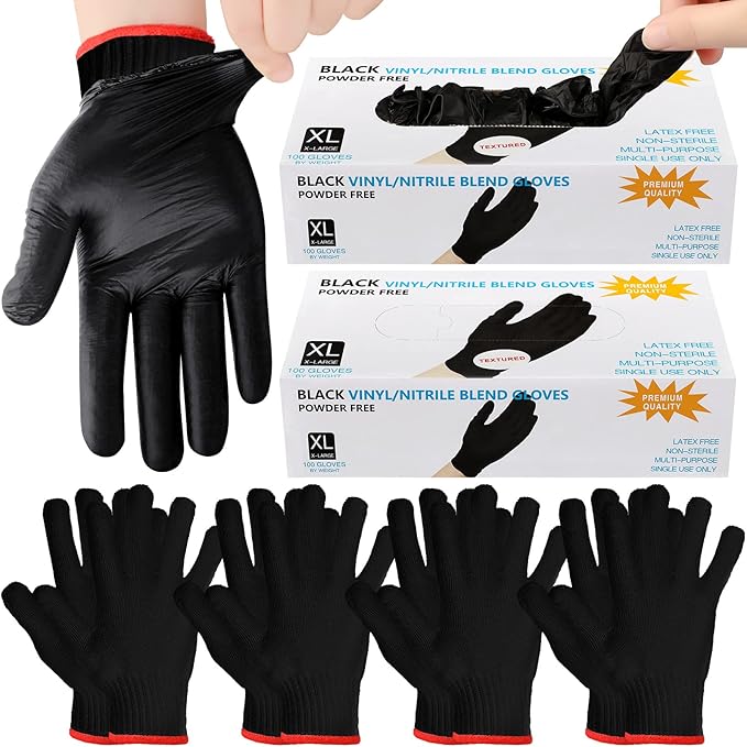 Janmercy 200 Pcs Disposable BBQ Nitrile Gloves with 4 Pairs Cotton Liners Grilling Cooking Cleaning Gloves for Smoker Meat(X-Large,Black)