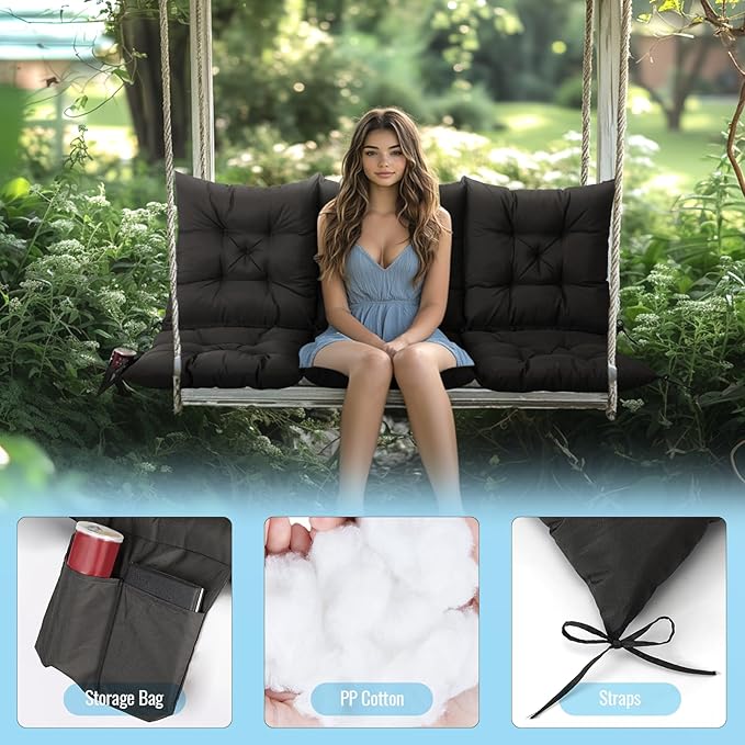 NACATIN 3 Seat Cushion for Outdoor Swing - 60x40 inches, 4" Thick Porch Swing Cushions with Ties and Storage Bag, Waterproof Bench Cushions for Patio, Outdoor, Backyard and Garden (Black)